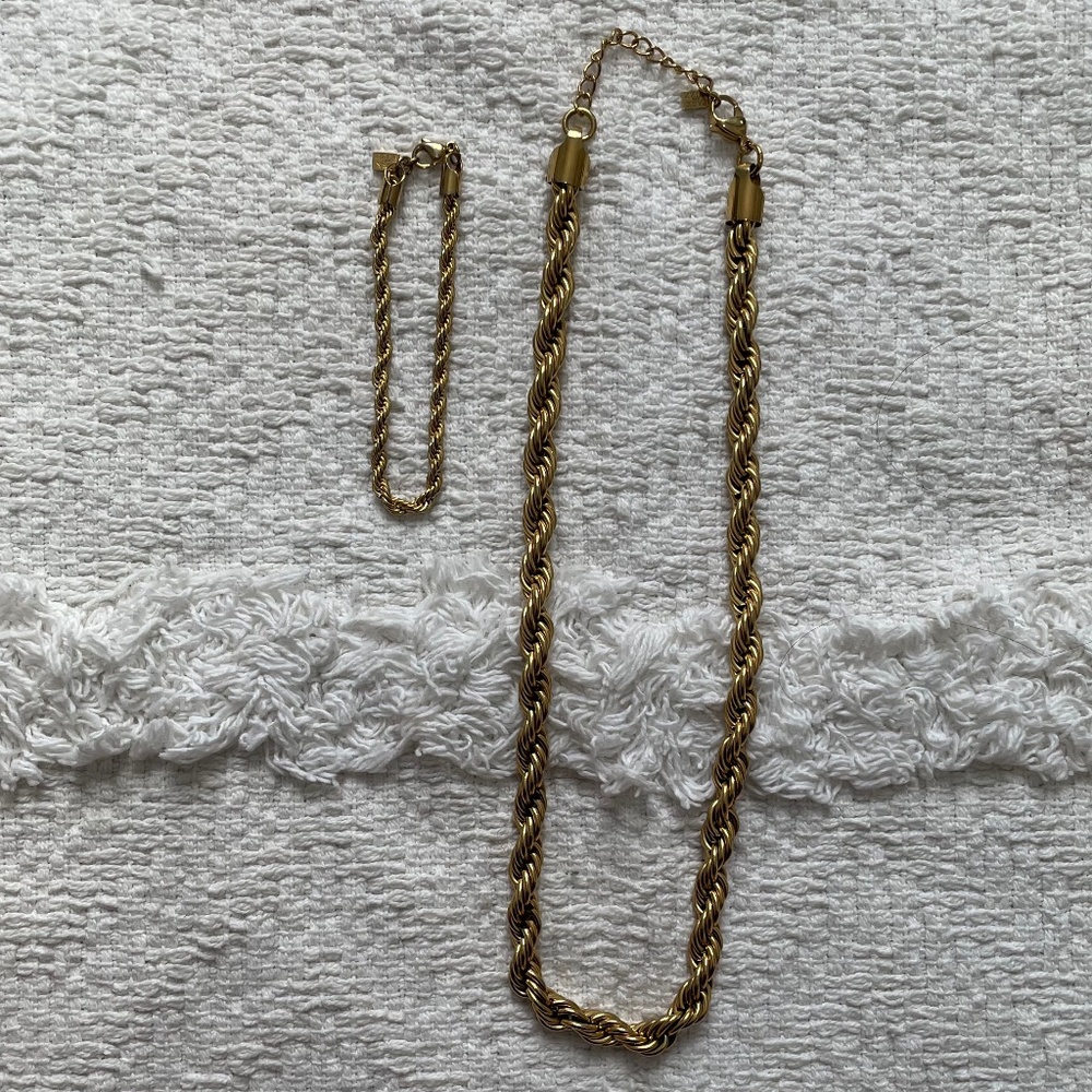 Gold rope twist necklace and matching bracelet
